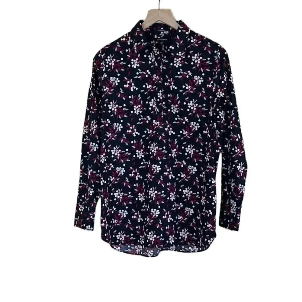 Lands’ End Size 12 No Iron Supima Long Sleeve Button Down Floral Feminine Office